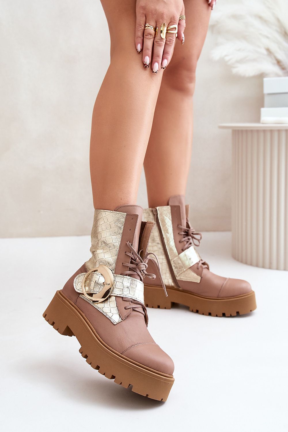 Leather Platform Lace-Up Ankle Boots with Gold Buckle Step in style beige 36 