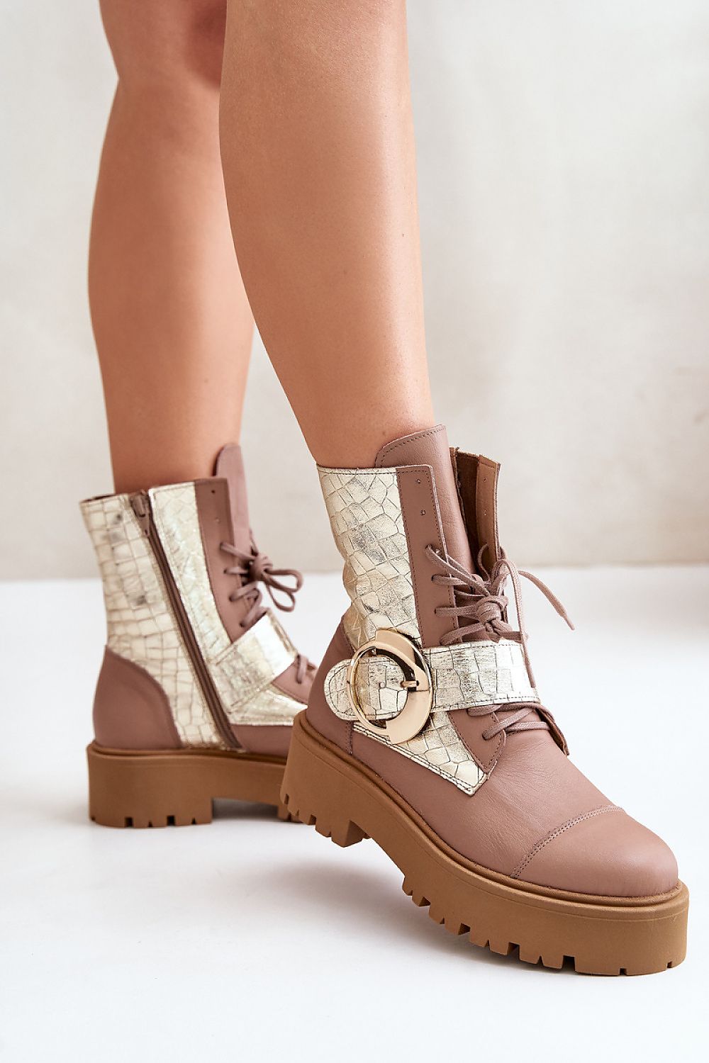 Leather Platform Lace-Up Ankle Boots with Gold Buckle Step in style   