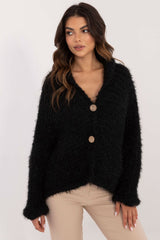 Fuzzy Knit Button Cardigan Och Bella black one-size-fits-all 