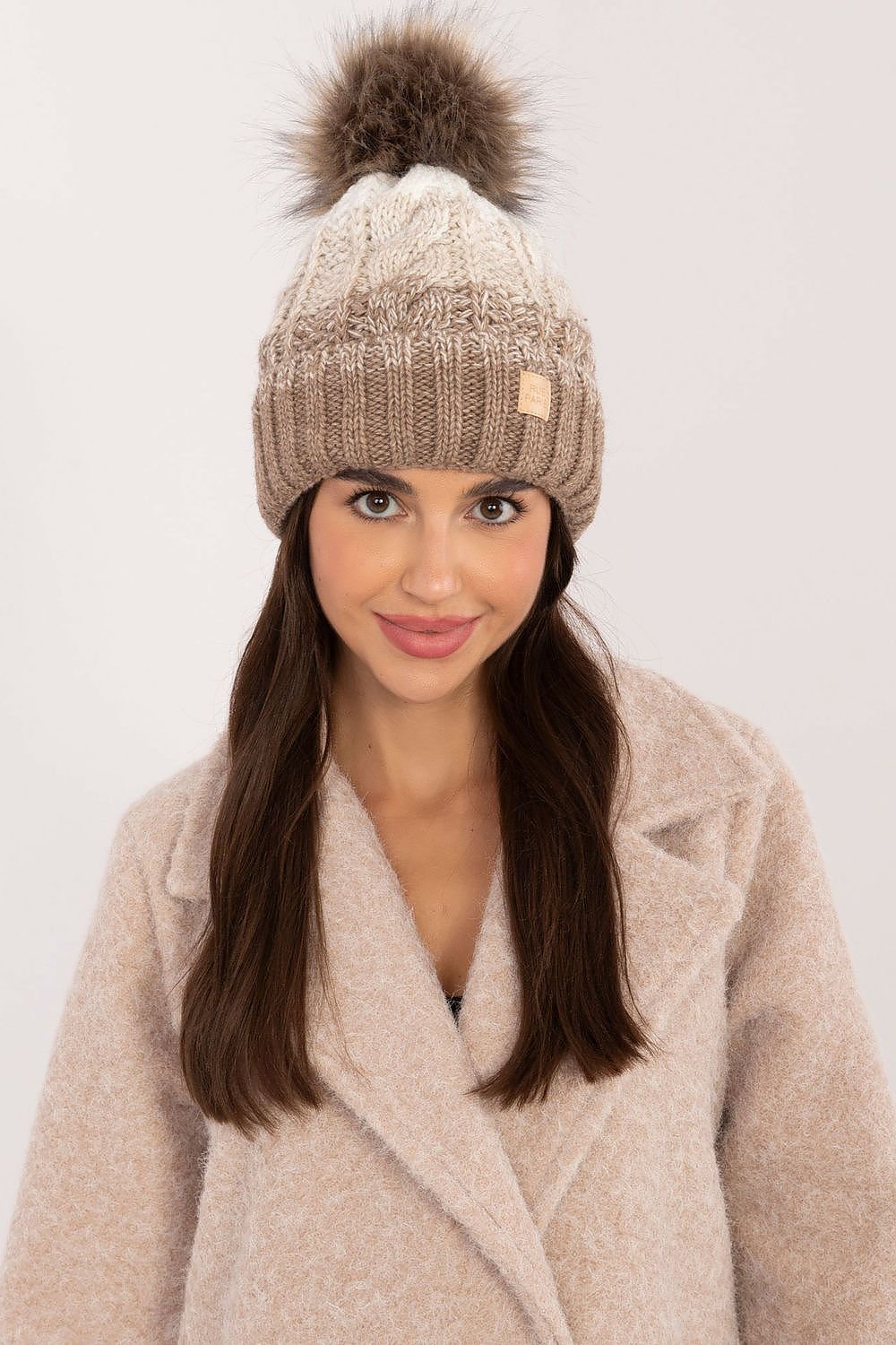 Ombre Cable Knit Pom Pom Beanie Rue Paris beige one-size-fits-all 