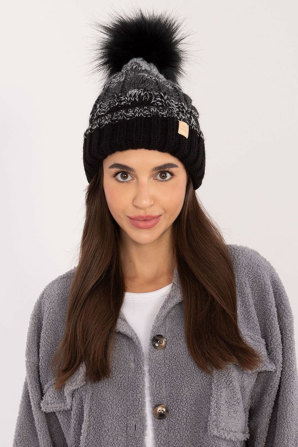 Ombre Cable Knit Pom Pom Beanie Rue Paris black one-size-fits-all 