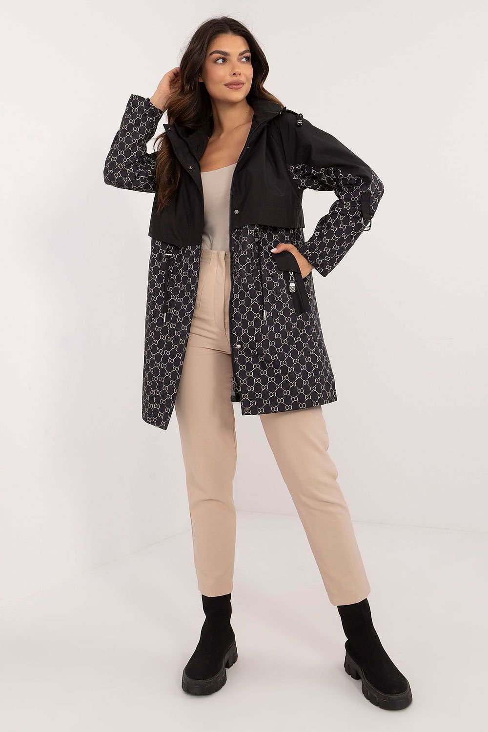 Monogram Print Mid-Length Hooded Coat MBM   