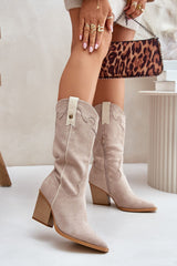 Faux Suede Block Heel Cowboy Boots Step in style beige 36 