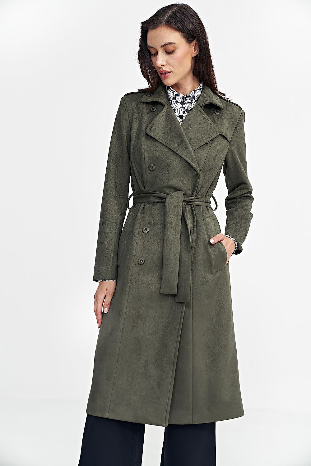 Double Breasted Belted Faux Suede Trench Coat Nife green 36 