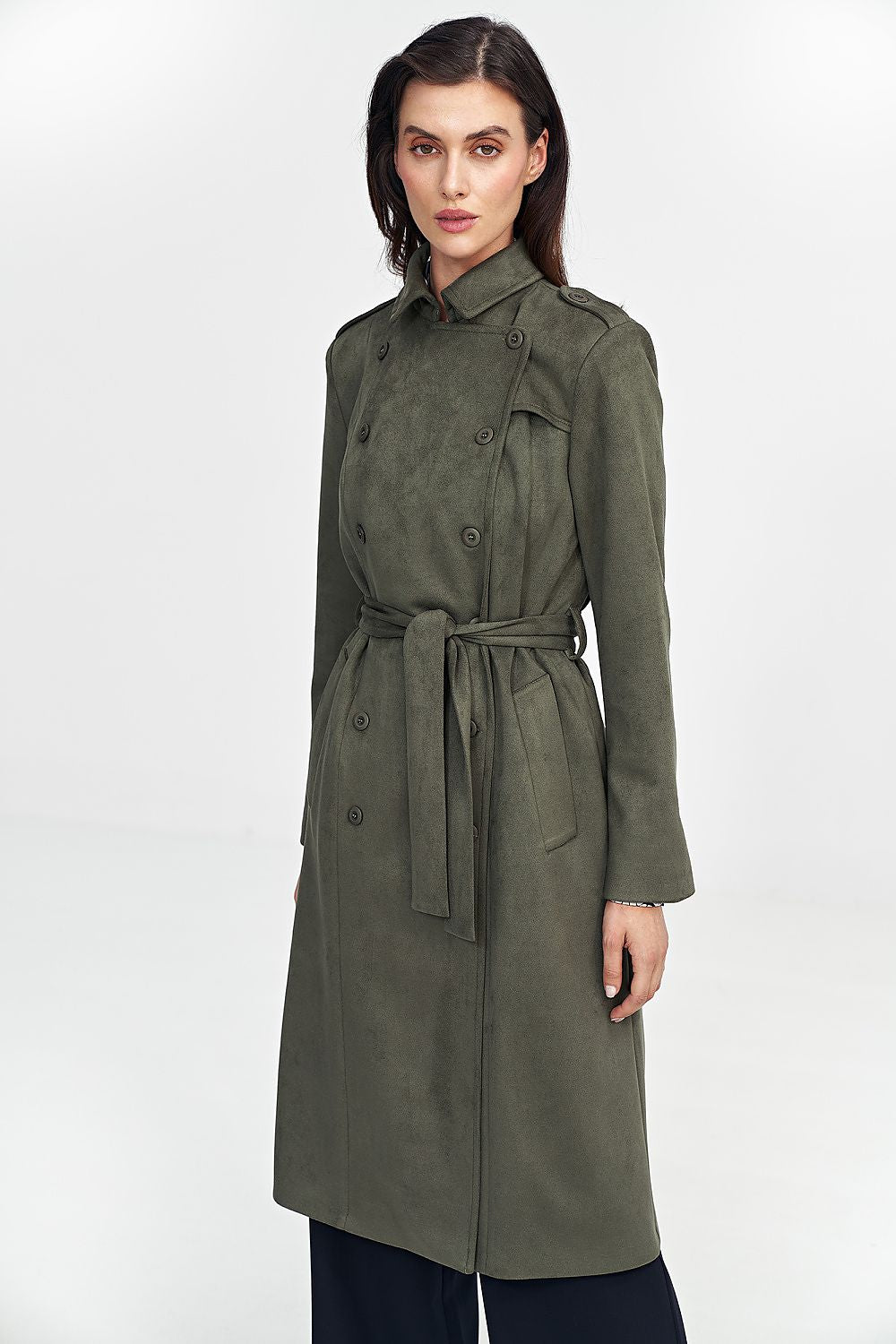 Double Breasted Belted Faux Suede Trench Coat Nife   