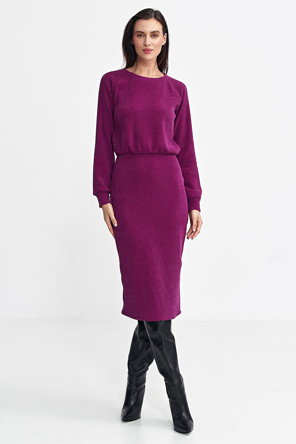 Ribbed Knit Long Sleeve Midi Dress with Blouson Top Nife violet 36 