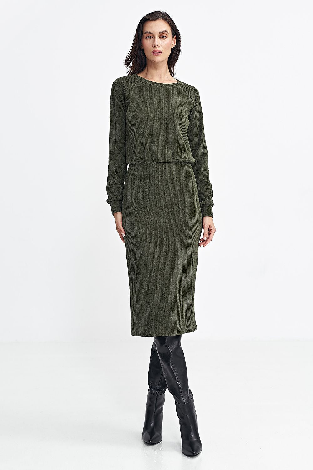 Ribbed Knit Long Sleeve Midi Dress with Blouson Top Nife green 36 