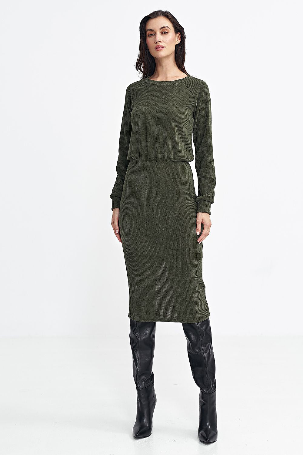 Ribbed Knit Long Sleeve Midi Dress with Blouson Top Nife   