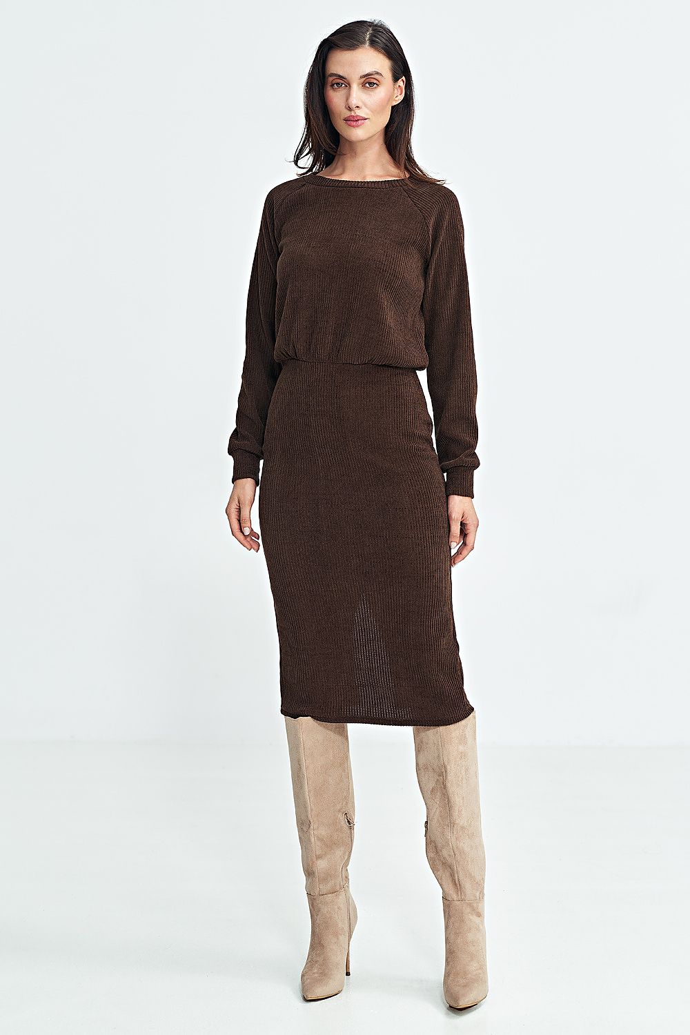 Ribbed Knit Long Sleeve Midi Dress with Blouson Top Nife brown 36 