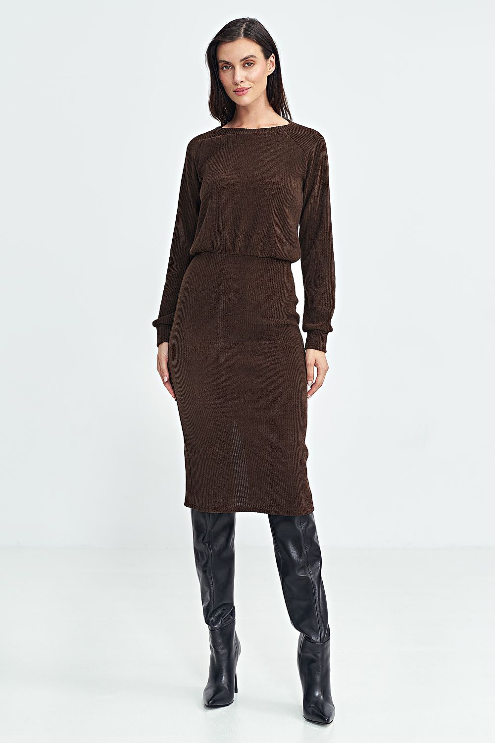 Ribbed Knit Long Sleeve Midi Dress with Blouson Top Nife   