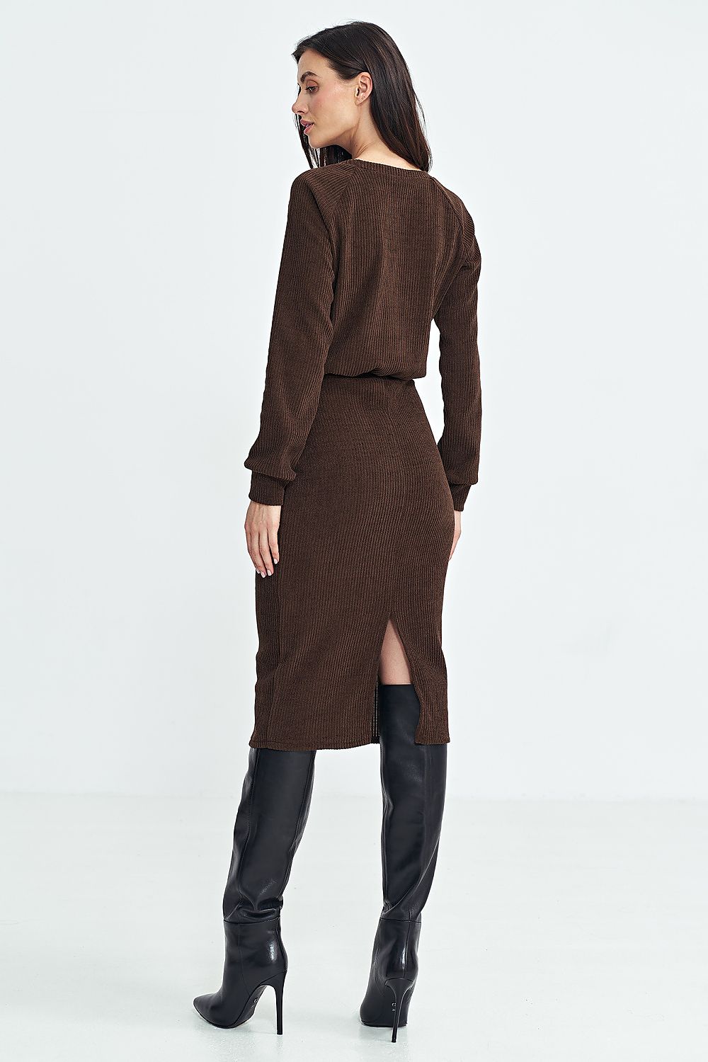 Ribbed Knit Long Sleeve Midi Dress with Blouson Top Nife   