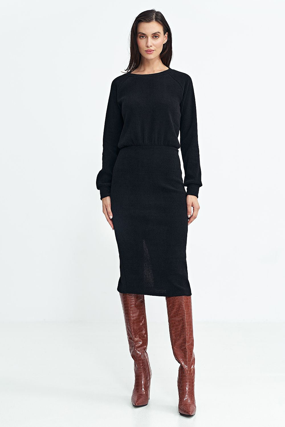 Ribbed Knit Long Sleeve Midi Dress with Blouson Top Nife black 36 