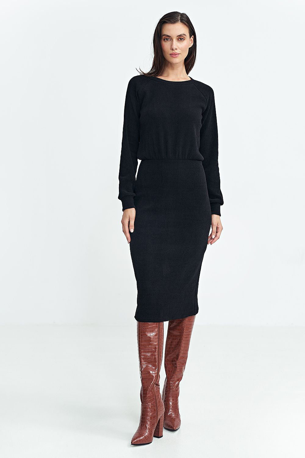 Ribbed Knit Long Sleeve Midi Dress with Blouson Top Nife   