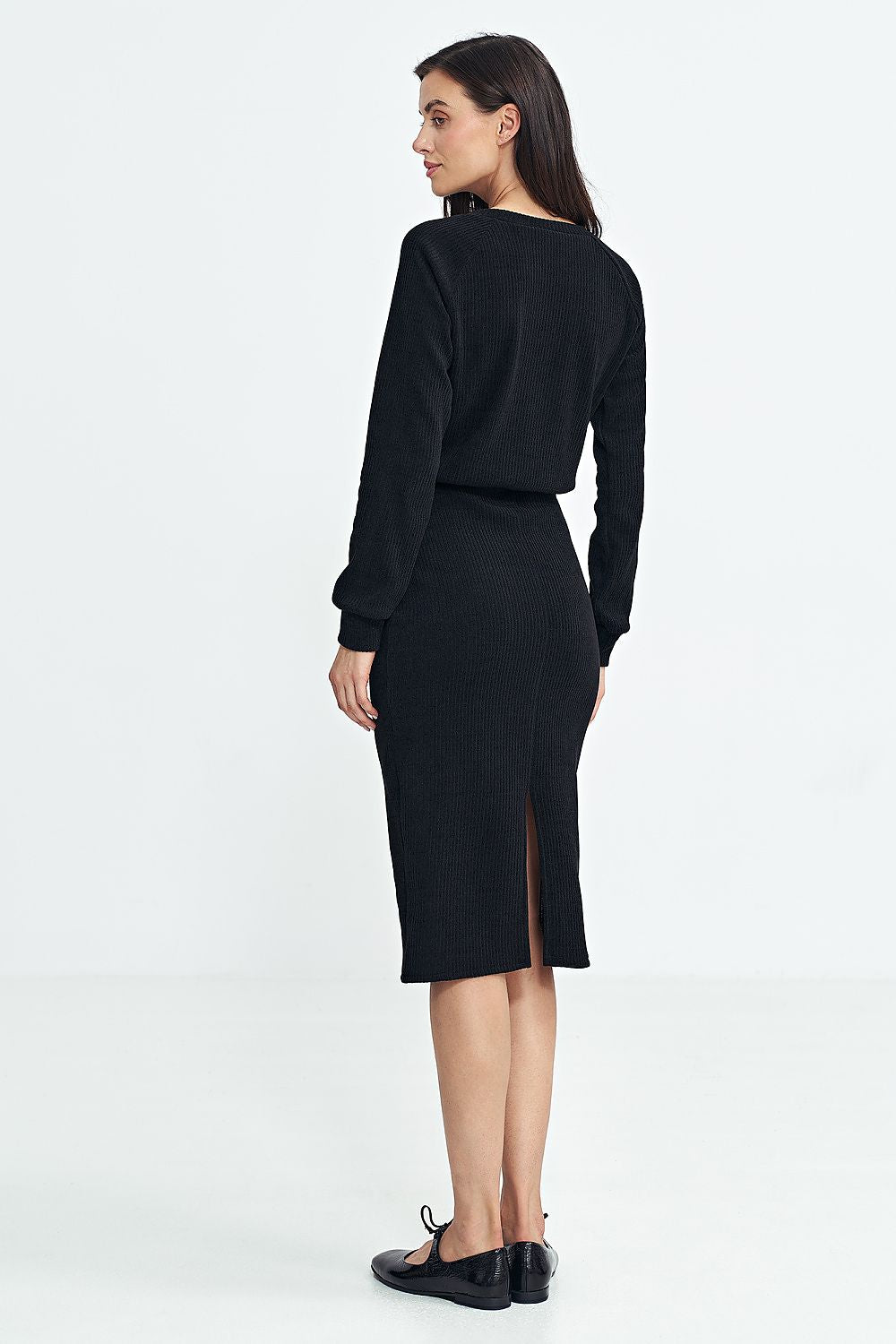 Ribbed Knit Long Sleeve Midi Dress with Blouson Top Nife   