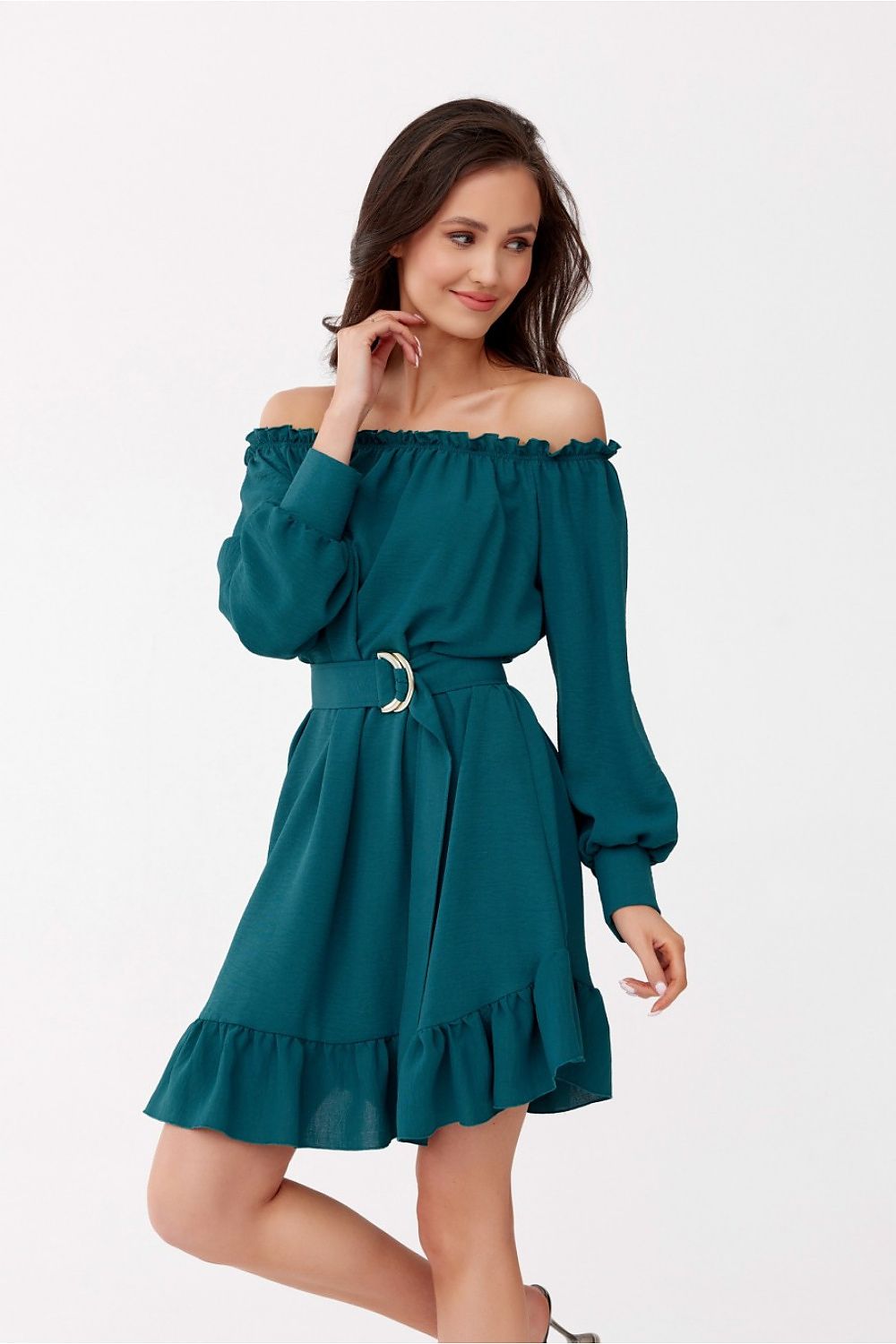 Off-the-Shoulder Belted Dress with Ruffle Hem Roco Fashion   