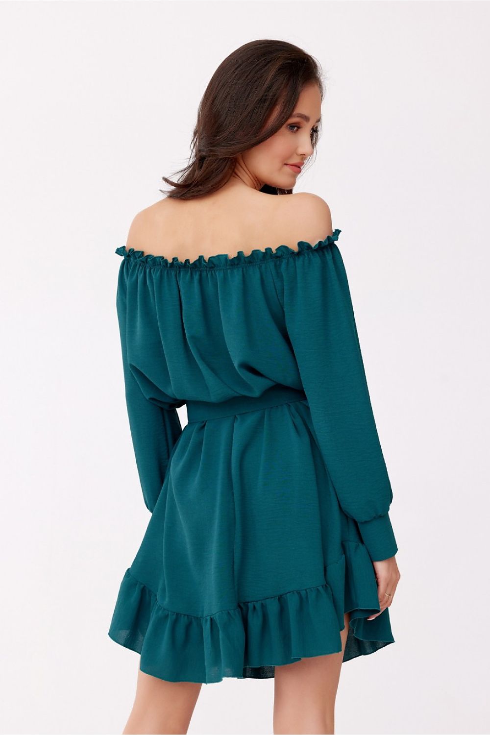 Off-the-Shoulder Belted Dress with Ruffle Hem Roco Fashion   