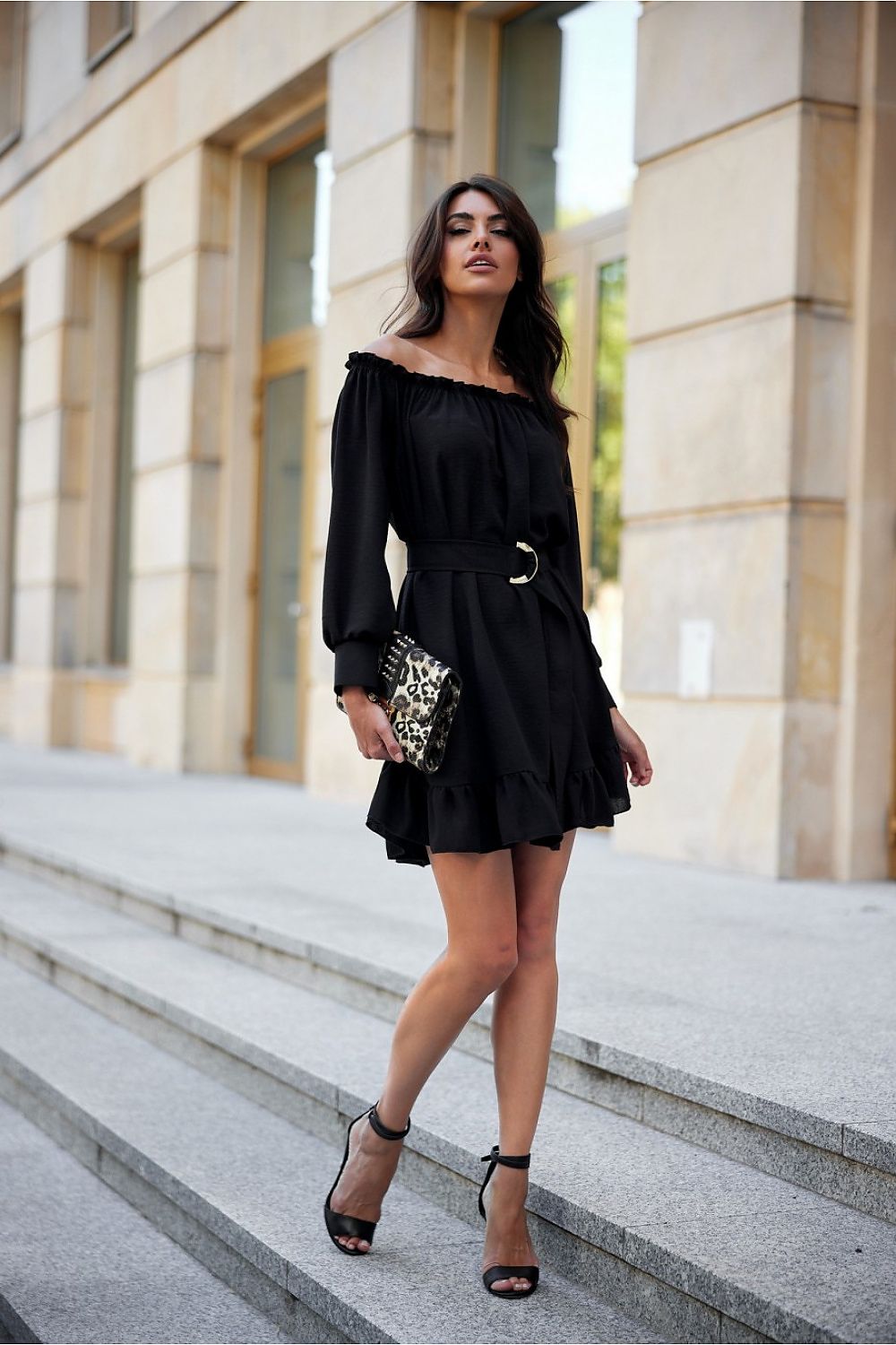 Off-the-Shoulder Belted Dress with Ruffle Hem Roco Fashion   