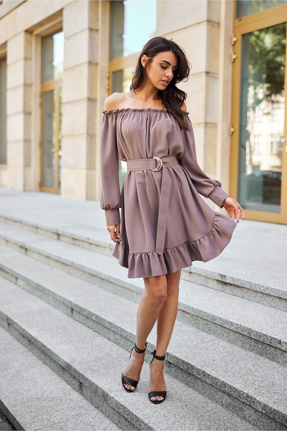 Off-the-Shoulder Belted Dress with Ruffle Hem Roco Fashion   