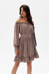 Off-the-Shoulder Belted Dress with Ruffle Hem Roco Fashion   