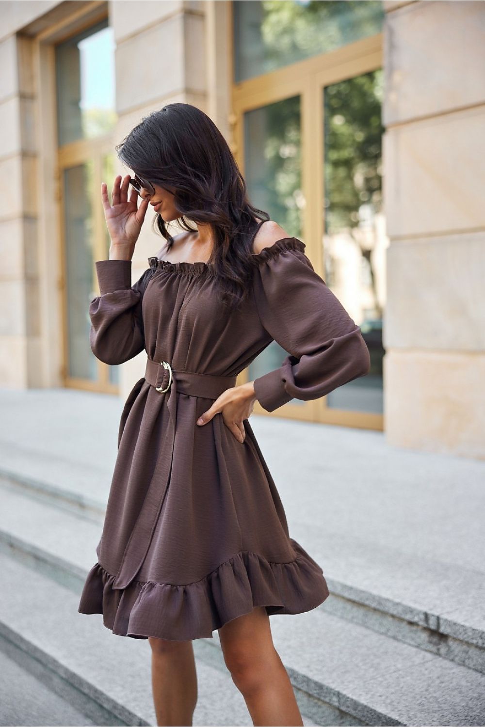 Off-the-Shoulder Belted Dress with Ruffle Hem Roco Fashion   