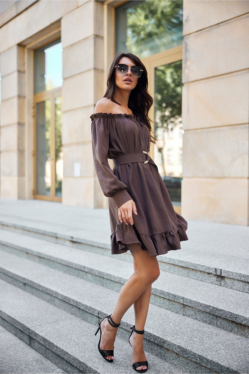 Off-the-Shoulder Belted Dress with Ruffle Hem Roco Fashion   