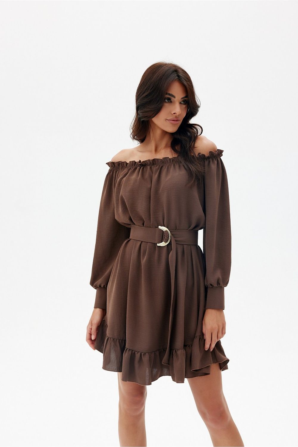 Off-the-Shoulder Belted Dress with Ruffle Hem Roco Fashion   