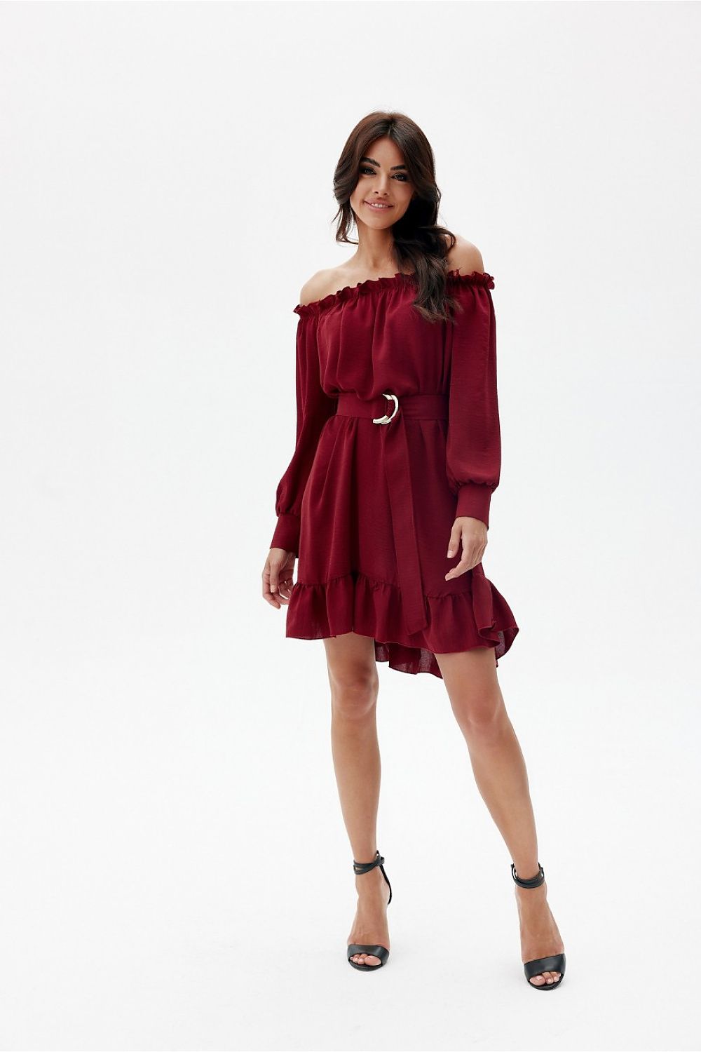 Off-the-Shoulder Belted Dress with Ruffle Hem Roco Fashion   