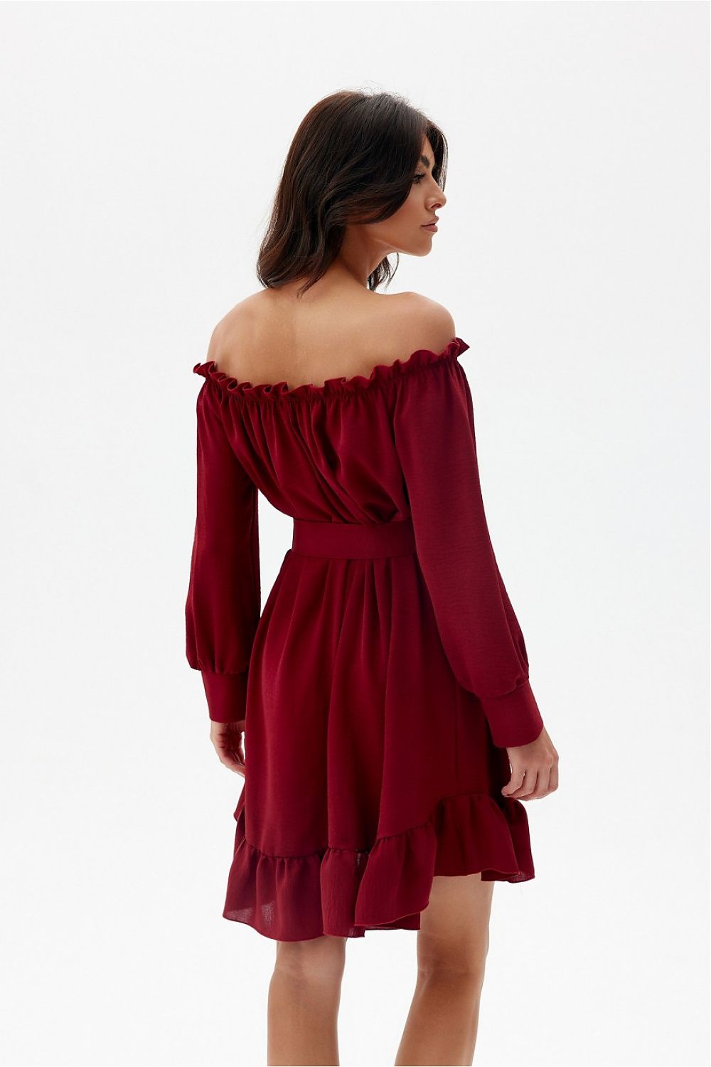 Off-the-Shoulder Belted Dress with Ruffle Hem Roco Fashion   