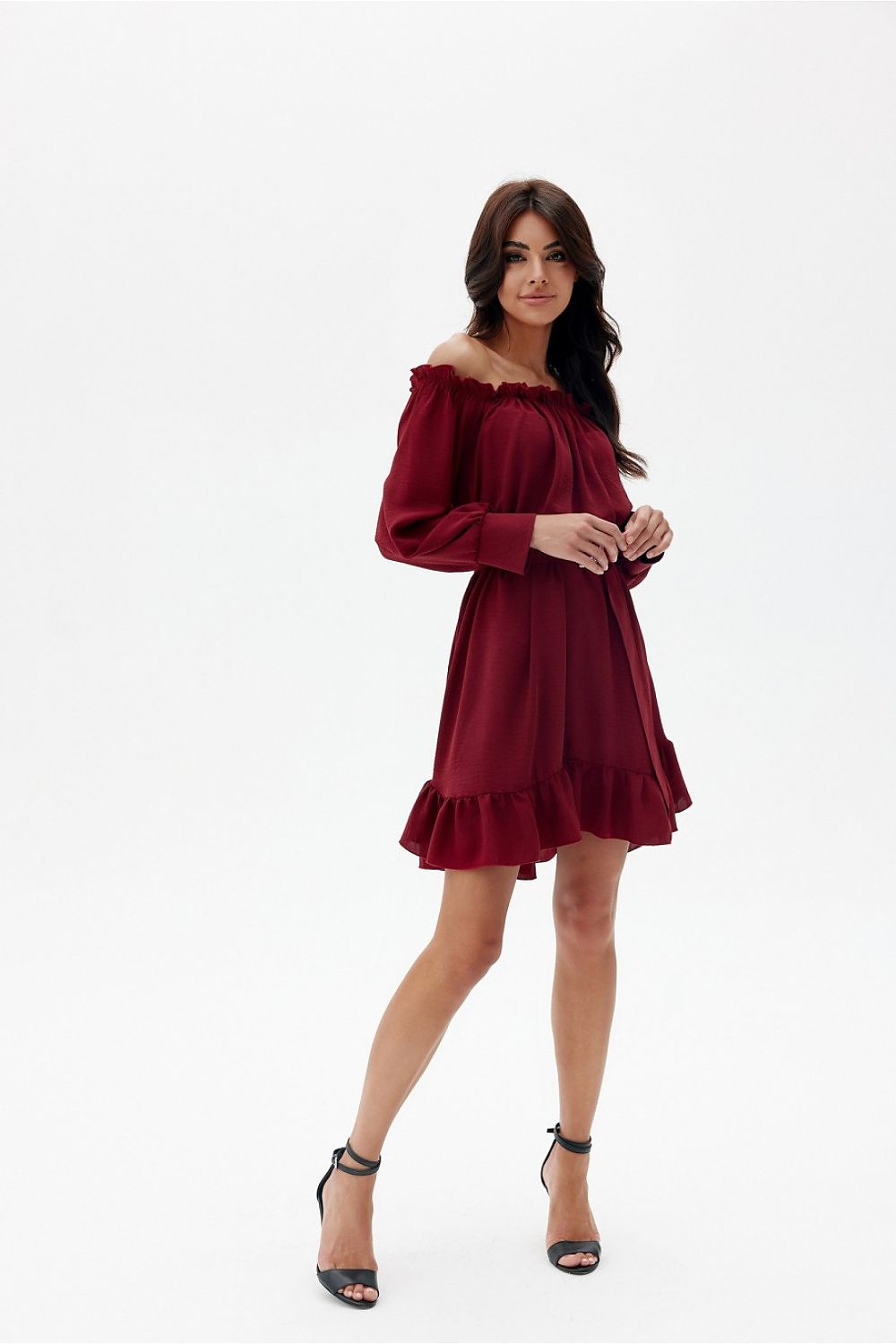 Off-the-Shoulder Belted Dress with Ruffle Hem Roco Fashion   