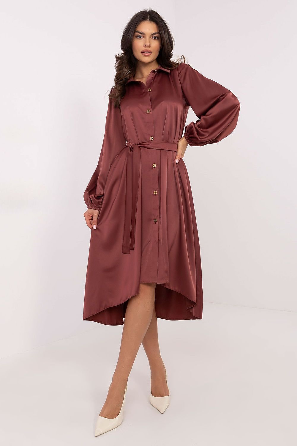 Asymmetrical Tie Waist Shirt Dress Lakerta red 2 S/M