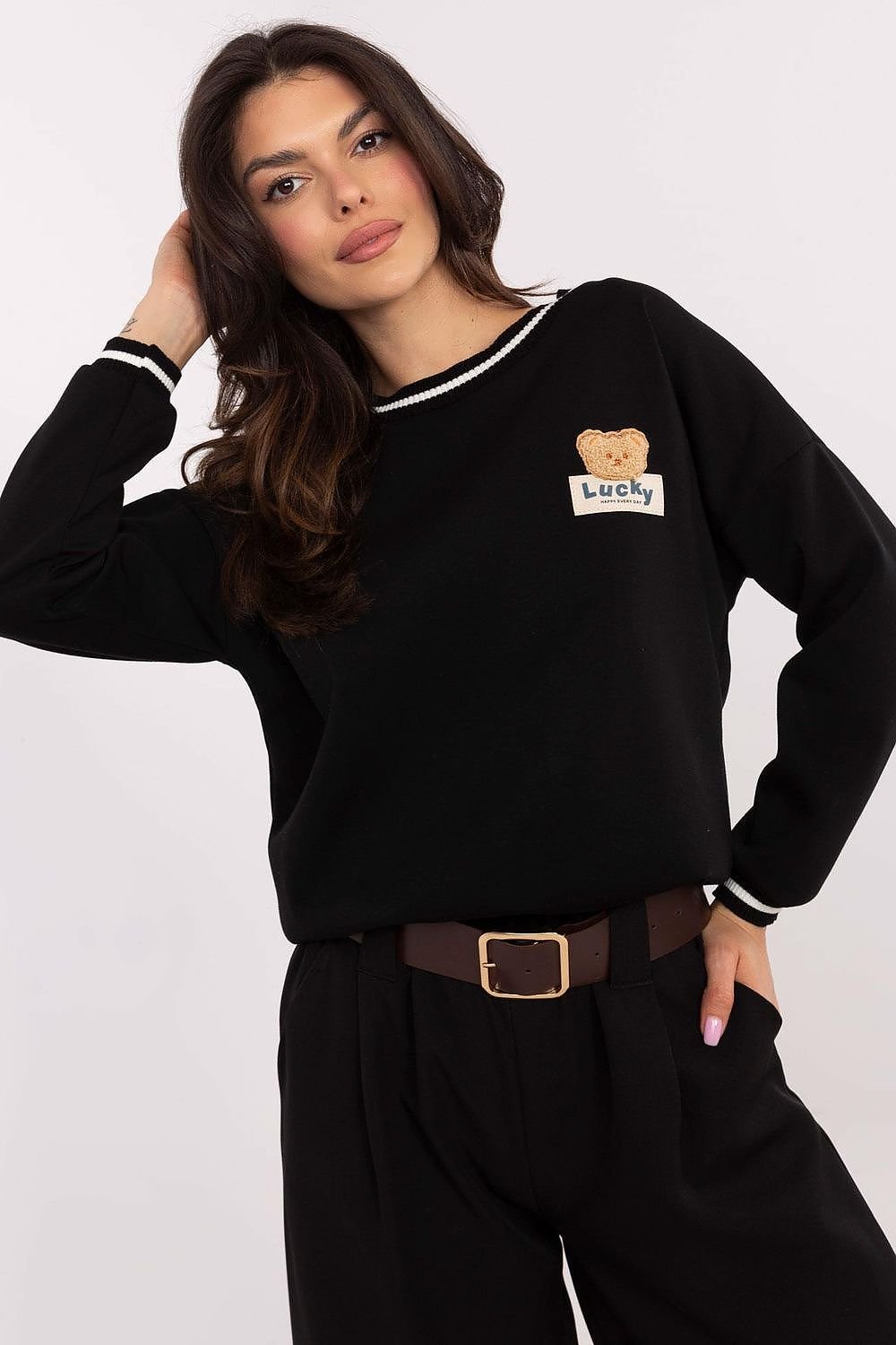 Teddy Bear Patch Crew Neck Sweatshirt Italy Moda black one-size-fits-all