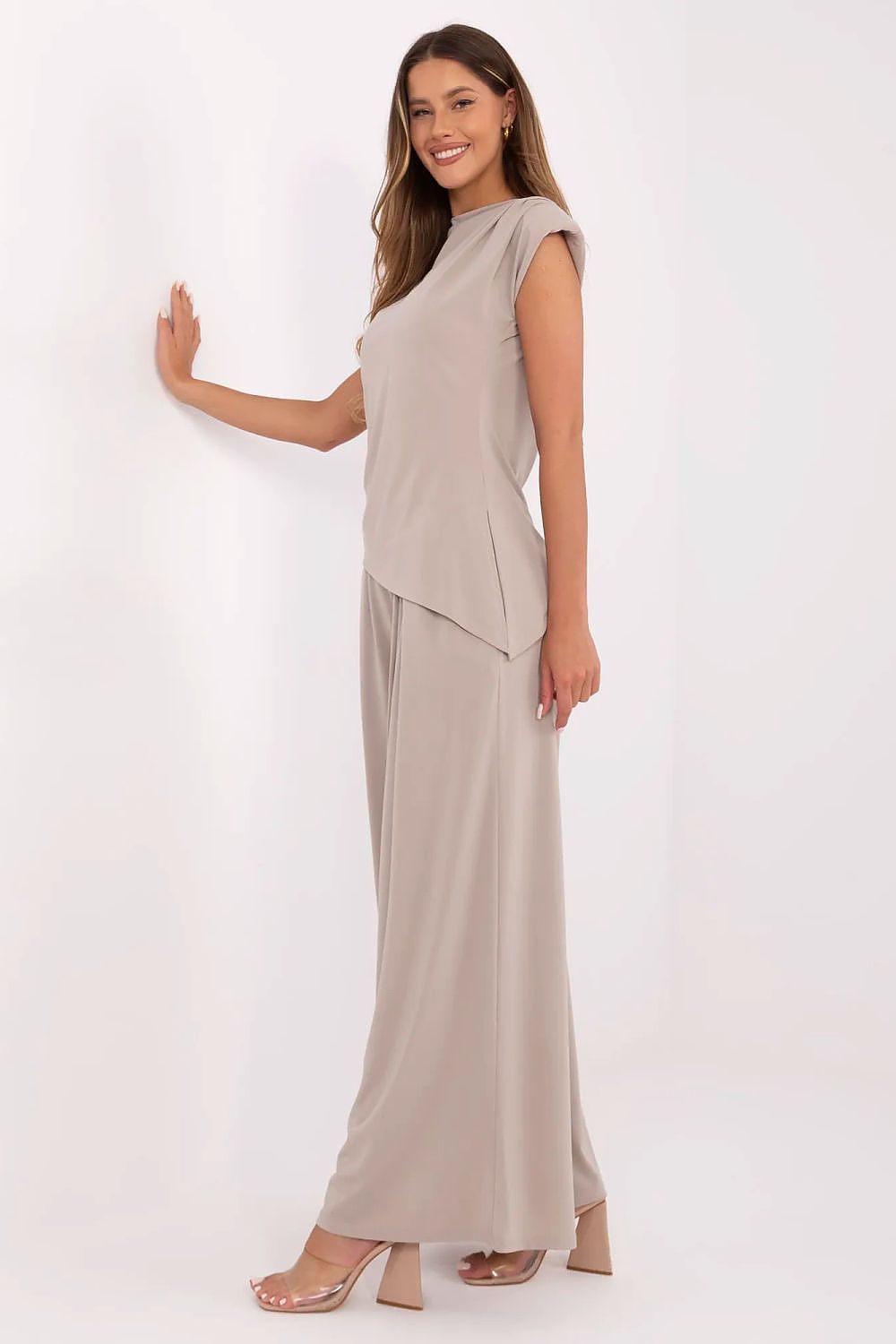 Palazzo Wide Leg Pants & Asymmetrical Top Set Italy Moda beige one-size-fits-all