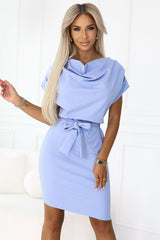 Short Sleeve Boat Neck Tie Waist Dress Numoco blue s