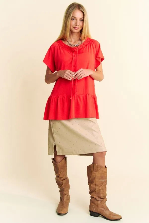 Solid Lace Trim Neck Short Sleeve Peplum Top Davi & Dani