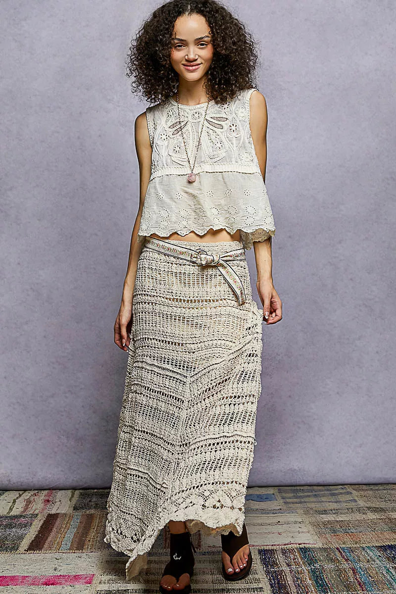 Sleeveless Flowy Fit Crochet Top with Scalloped Border Accents POL