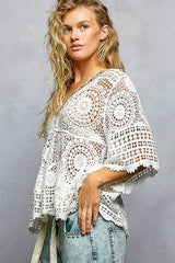 V-Neck Crochet Top with Scalloped Hem POL