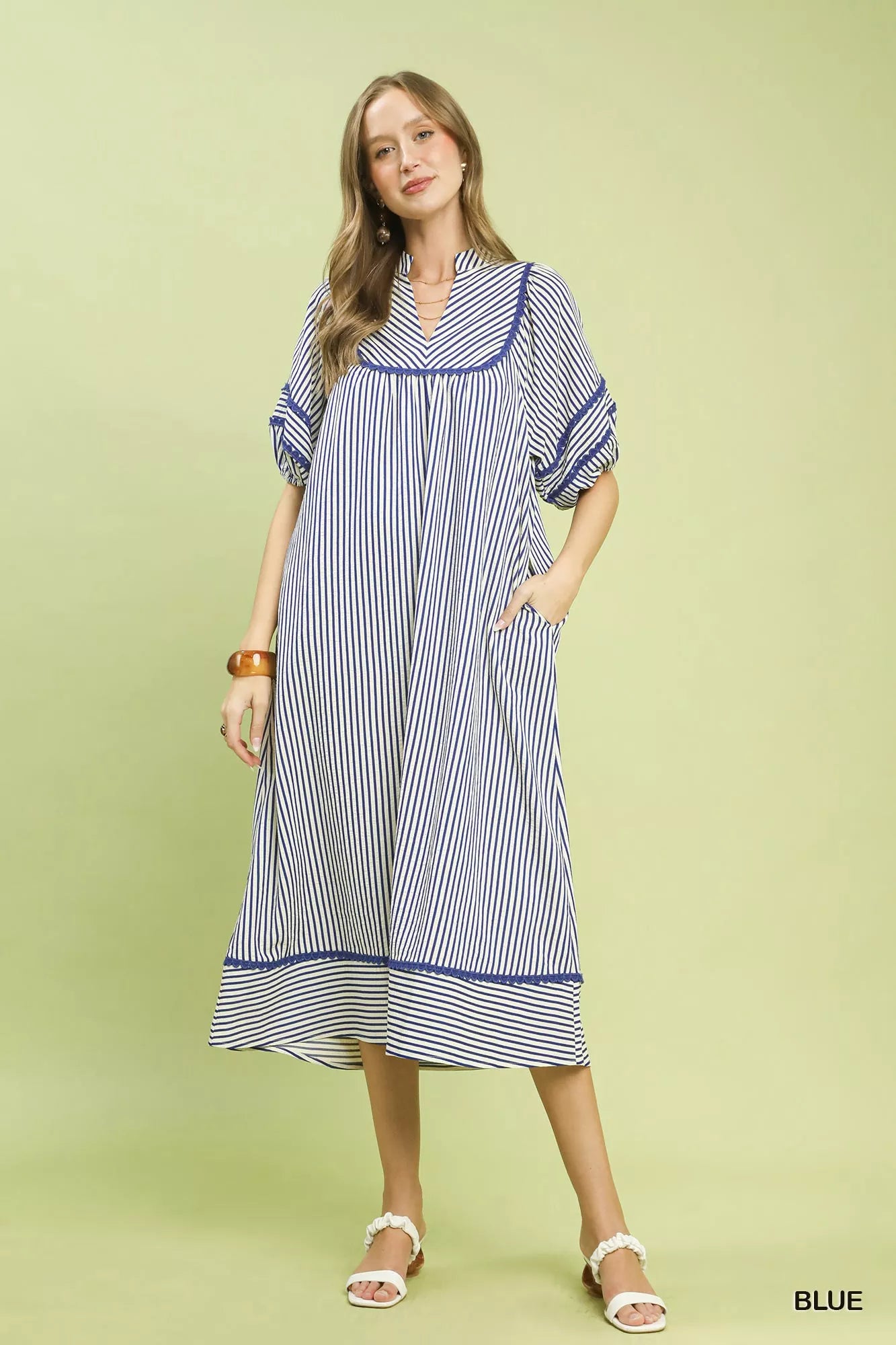 Striped Puff Sleeve Midi Dress Umgee