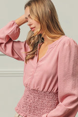 Smocking Waist Band and Puff Sleeves Deep V Neck Top BiBi