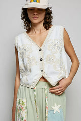 Embroidered Floral V-Neck Button Down Crochet Vest POL