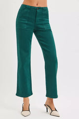 High Rise Ankle Flare Patch Pocket Jeans Risen