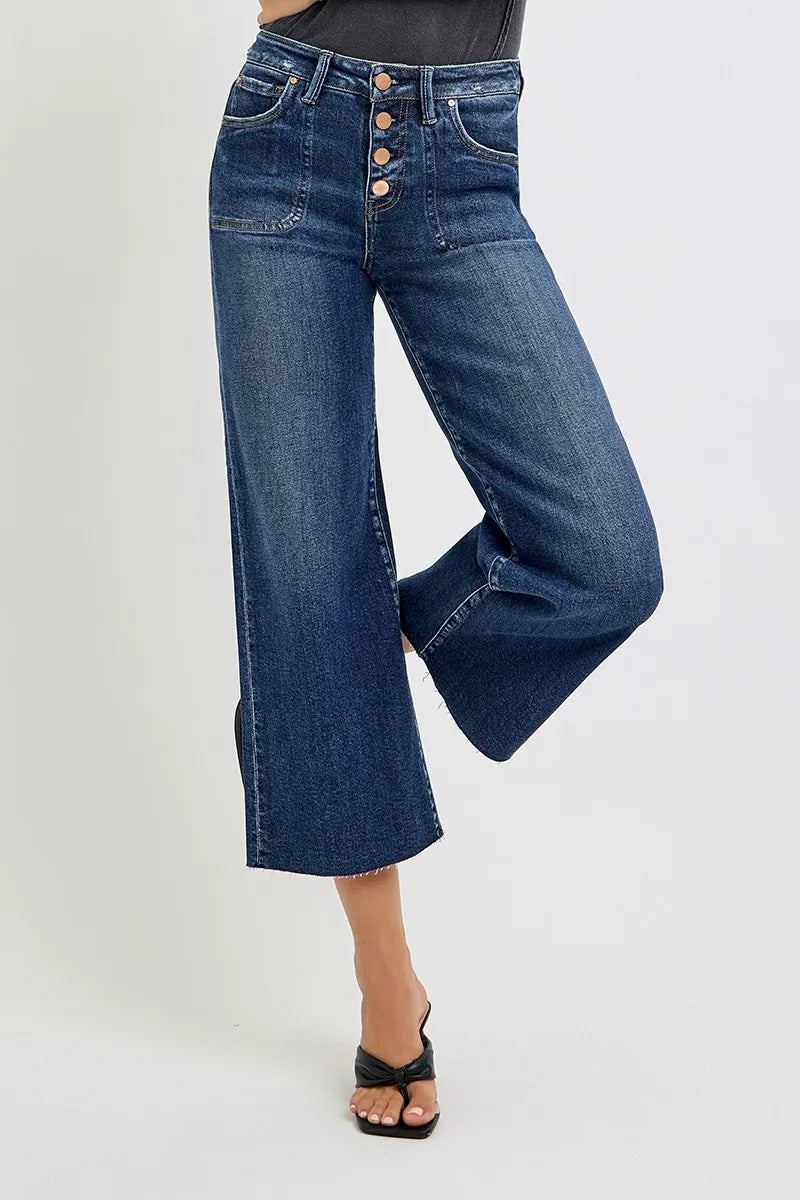 High Rise Crop Wide Button Up Jeans With Plus Size Risen DARK 0
