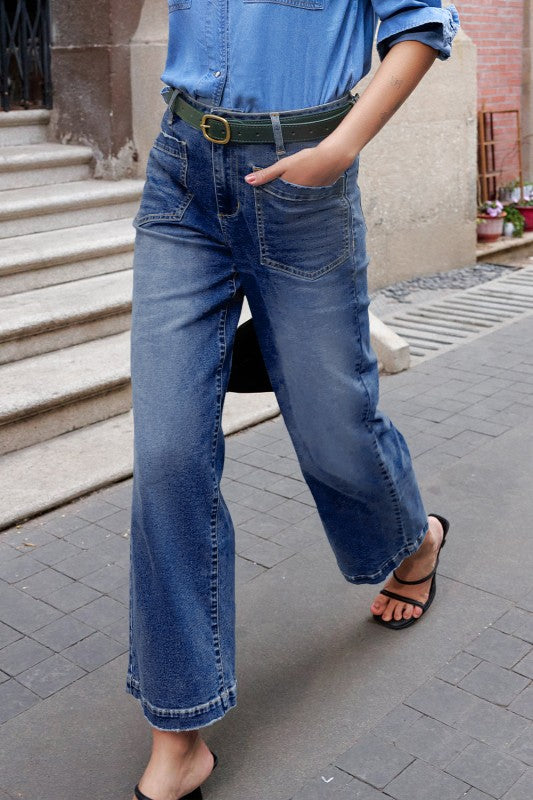 Denim High Waist Patch Pocket Straight Leg Jeans JUNIPER BLVD
