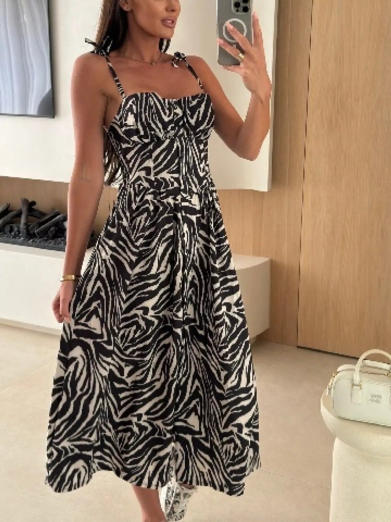 Printed Tie-Strap Midi Dress Simmer & Fay