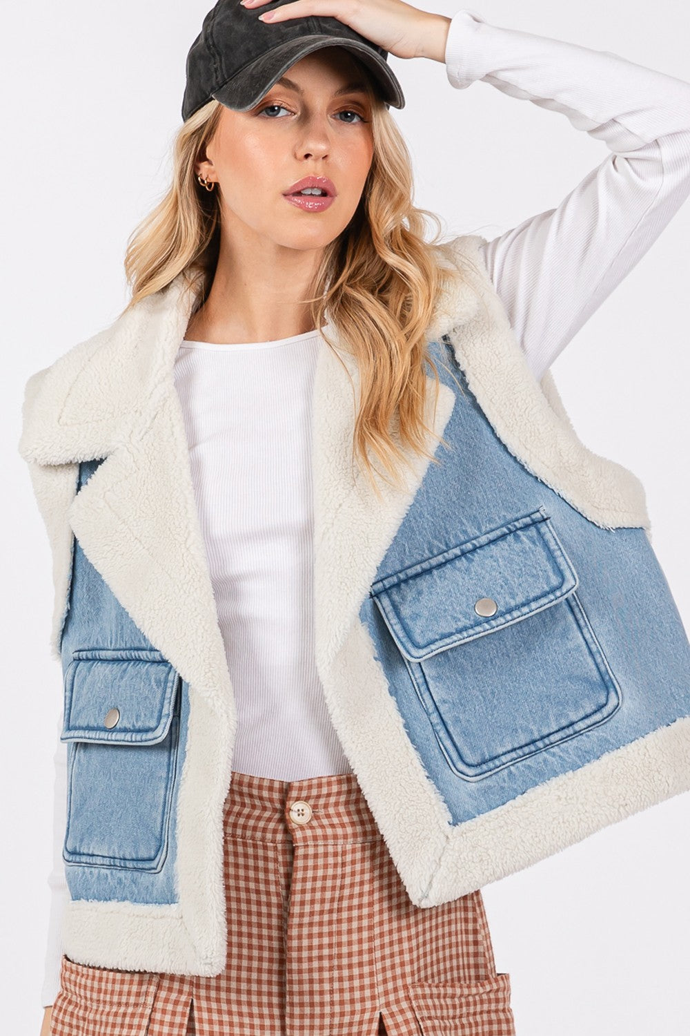 Pocketed Collared Neck Sherpa Vest Sage + Fig   