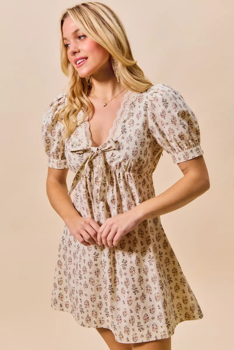 Floral Print Lace Trim Short Sleeves Mini Dress So Me