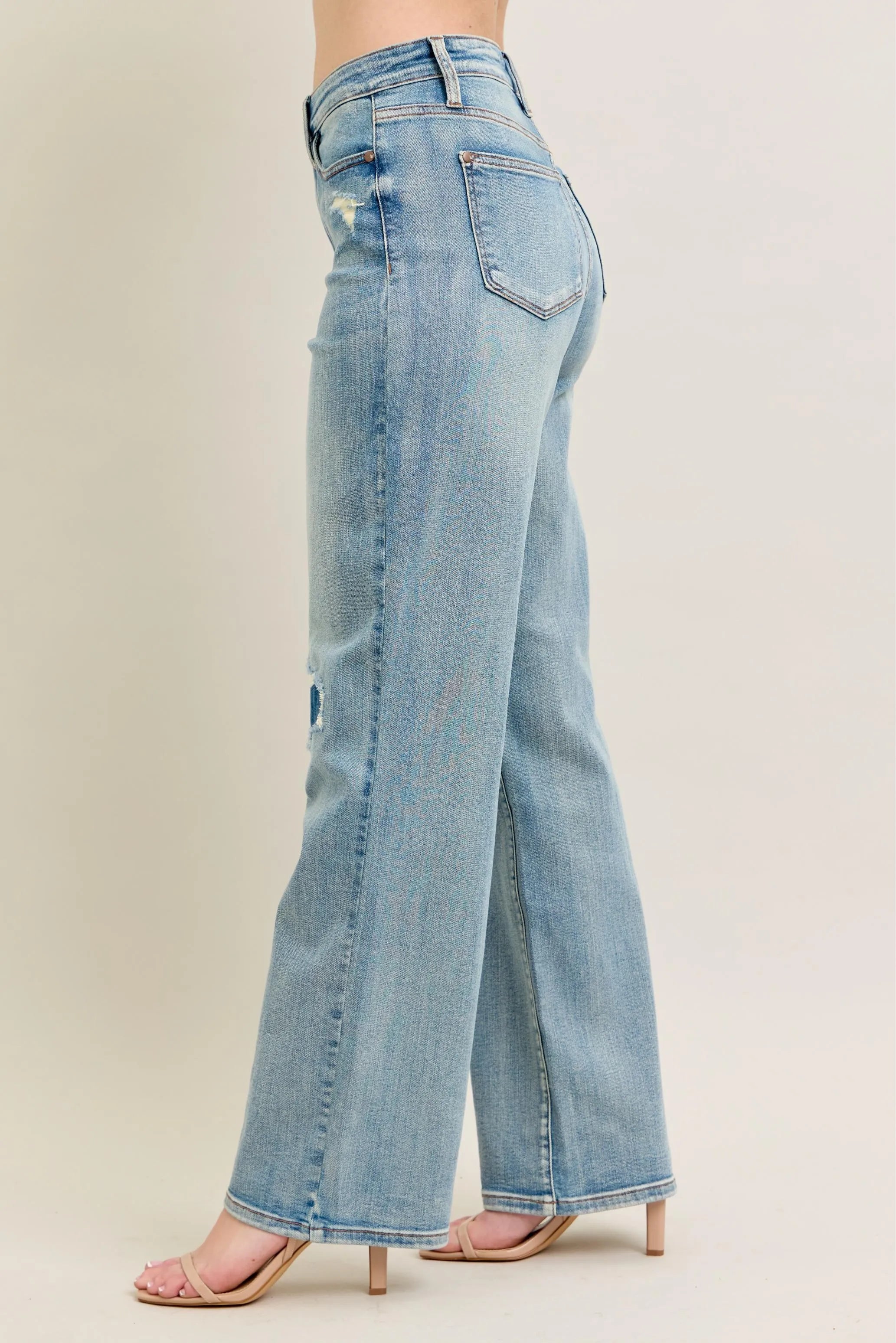 High Waisted Destroy & Knee Patch Straight Jeans With Plus Size Judy Blue