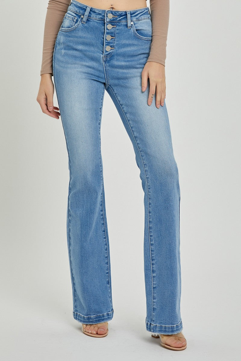 High Rise Button Fly Bootcut Jeans Risen Light 0(24) 