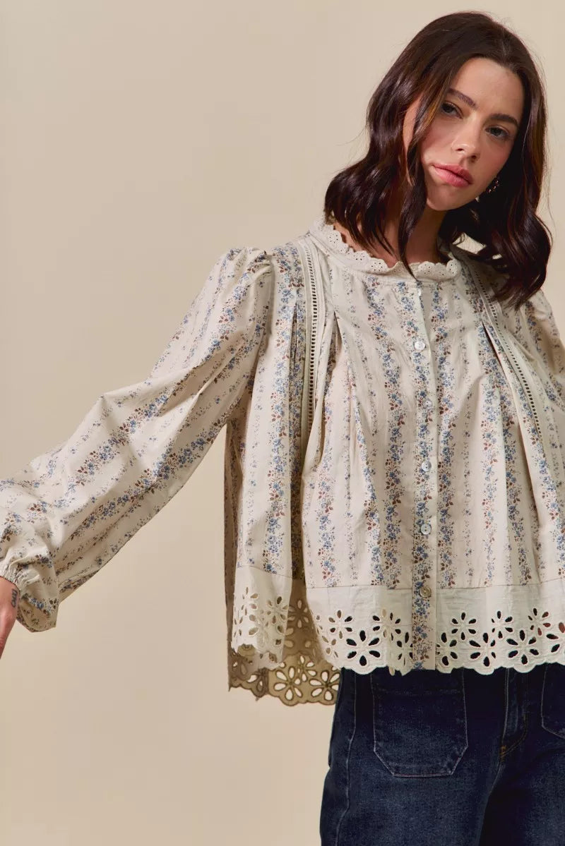 Floral Print Lace Button Down Shirt So Me