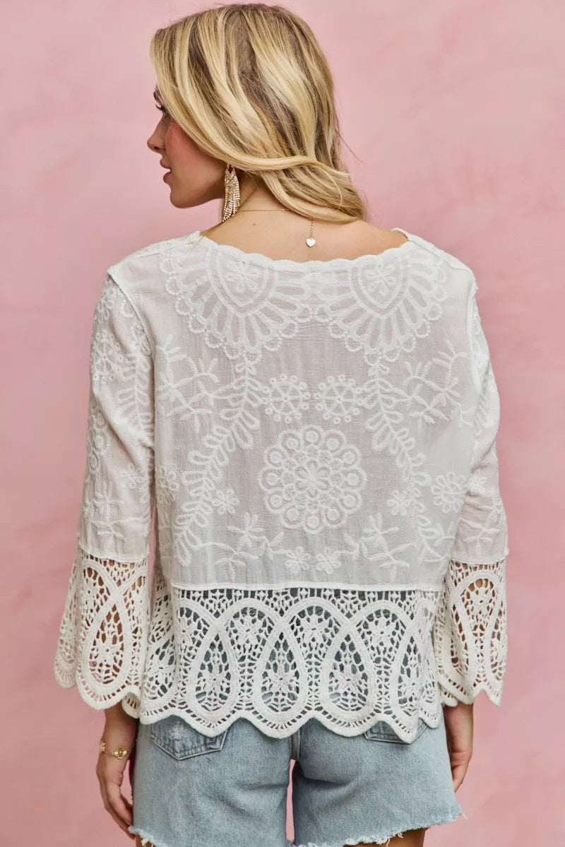 Floral Embroidered Crochet Lace Trimmed Top So Me