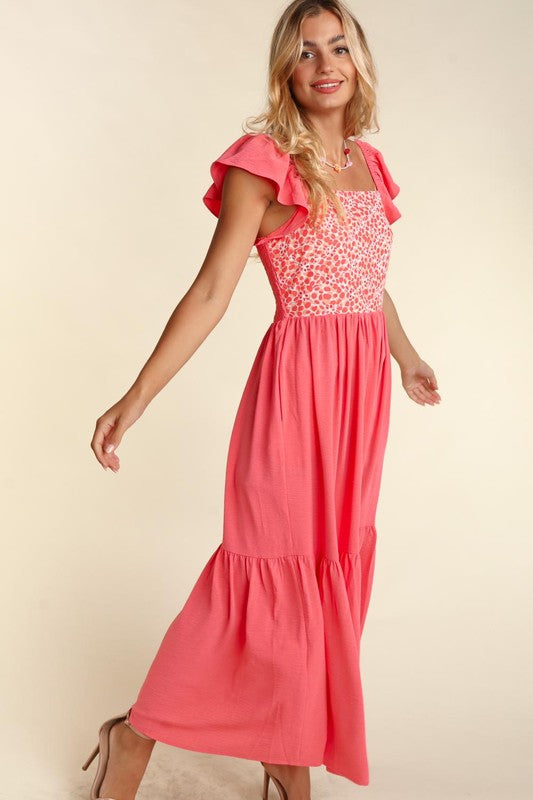 Embroidery Floral Dot Woven Maxi Flutter Dress Haptics   